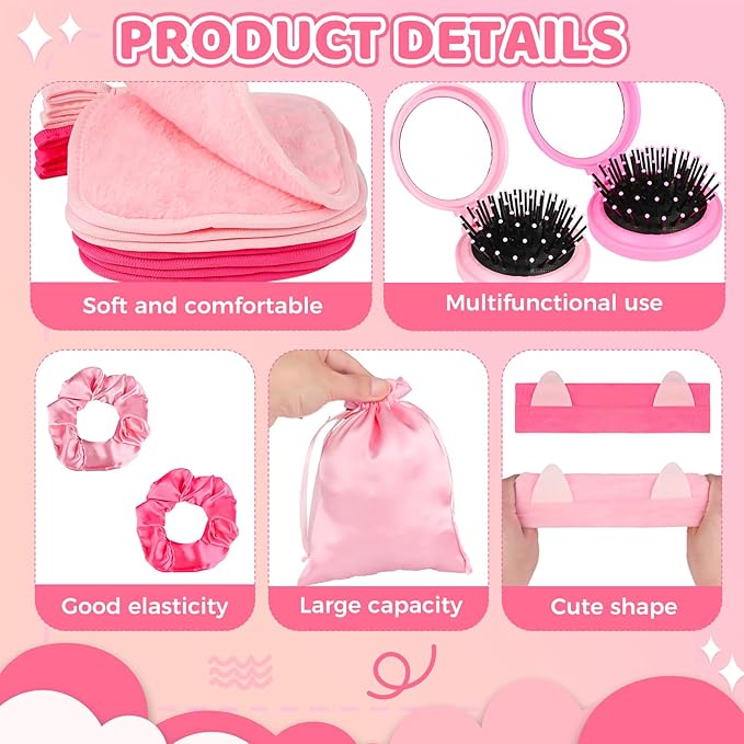 40 Pcs Spa Party Supplies for Girls Sleepover Party Favors Include 8 Cosmetic Bags 8 Spa Headband 8 Hair Scrunchies 8 Mirror comb 8 Makeup Remover Cloth Sleep Over Essentials for Girls Party