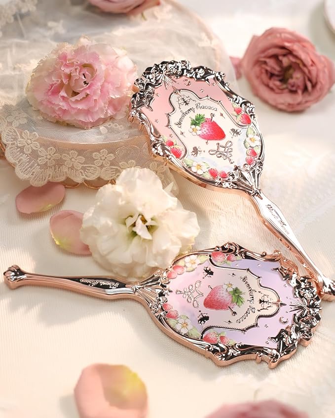 Flower Knows Strawberry Rococo Hand Mirror,Portable Vintage Handheld Mirror,Durable Metal Mirror,Cute & Aesthetic Princess Mirror,with Long Handle for Easy Holding,Gift for Girls(Wisteria Purple)
