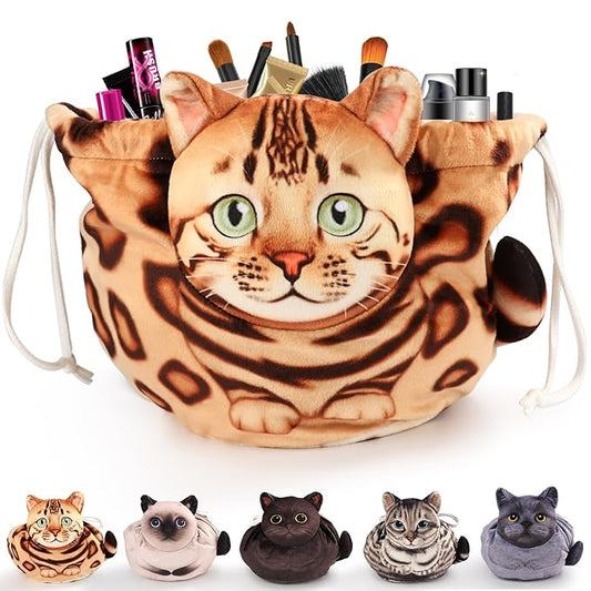 Openhaha Drawstring Travel Organizer, Cosmetic Pouch - Cat Gift, Lay Flat Makeup Bag Gifts for Cat Lovers