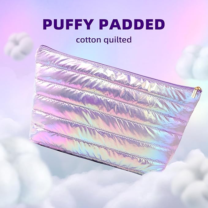 Hiroyuki 3pcs Iridescent Quilted Makeup Bag (plain, purple)