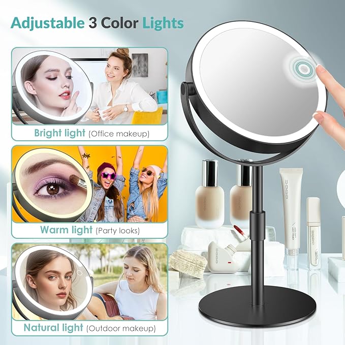 Lighted Magnifying Mirror 10X 1X Magnification, Double Sided Makeup Mirror, Rechargeable LED Beauty Mirror with 3 Color Setting, Adjustable Height Vanity Desk Mirror, Matte Black