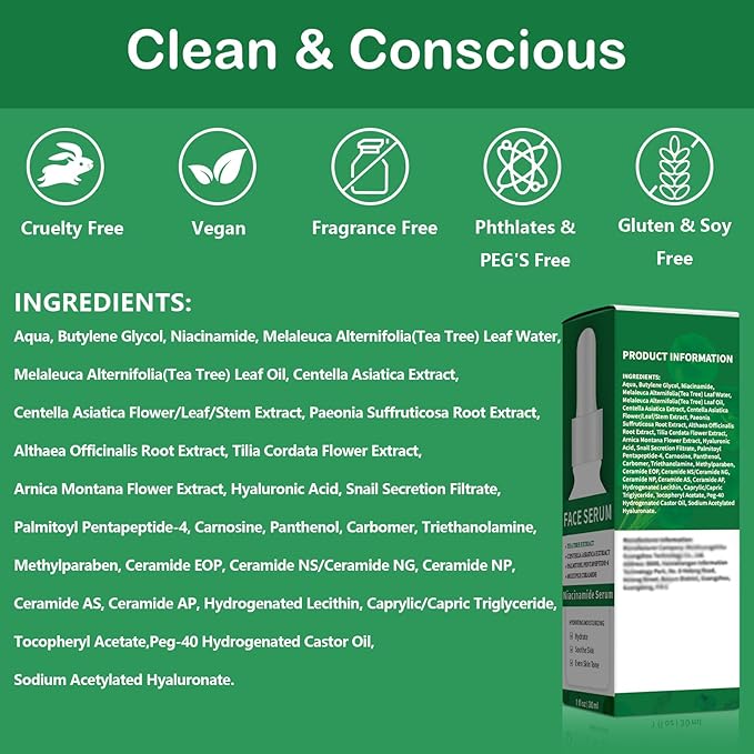 3 Pack 5% Niacinamide Serum with 4% Tea Tree Extracts & 1% Centella Asiatica Extracts for Hydration and Even Tone (1fl.oz/30ml Each)