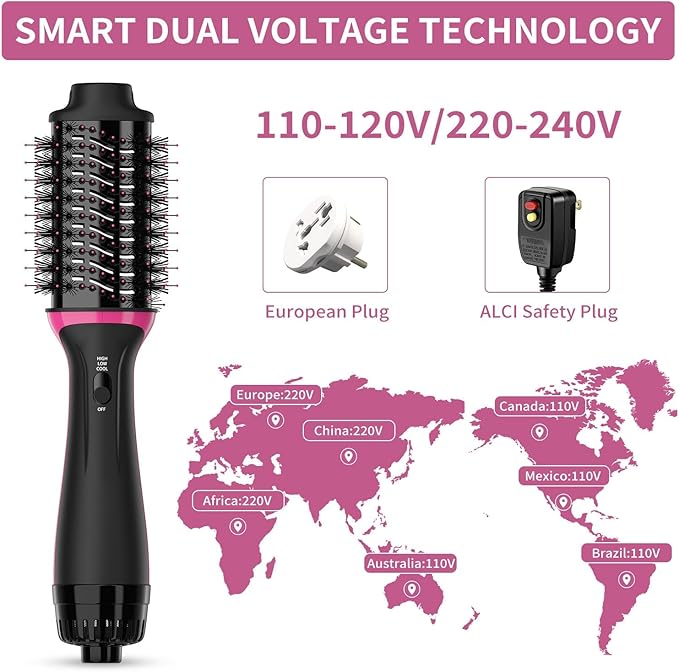 Dual Voltage Hair Dryer Brush for European Travel, 120V - 240V One Step Hair Dryer and Styler Volumizer, Professional Blow Dryer Brush with Negative Ion Anti-frizz for Drying, Straightening, Salon