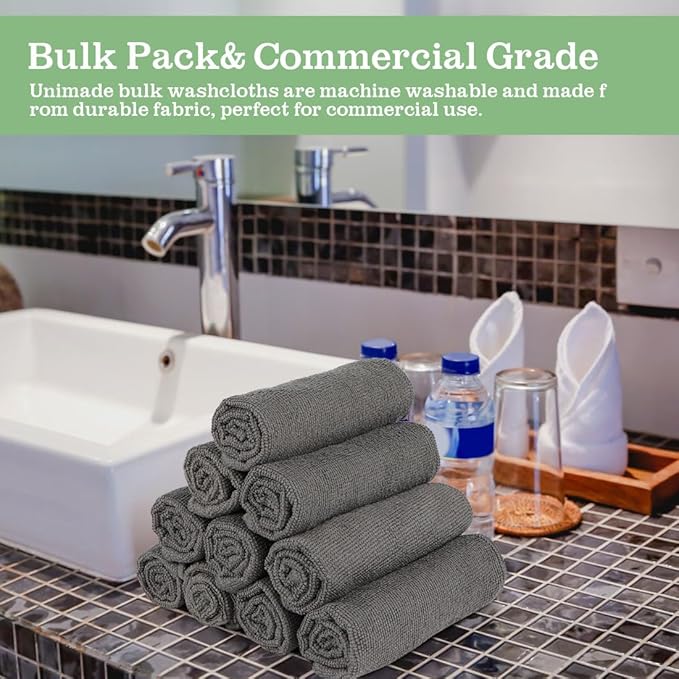 Washcloths Bulk - 100 Pack - Face Towel (12" x 12"), Highly Soft Wash Cloth and Hand Towels, Fast Drying Multi-Purpose Microfiber Cleansing Cloths for Bathroom, Hotel, Spa, and Salon - Grey