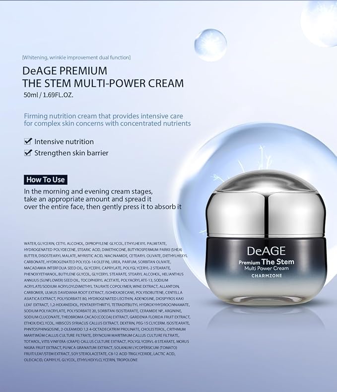 CHARMZONE DeAge Premium The Stem Multi-Power Cream –Marine Stem Cell Healthy Cell Support Plant-Based Rejuvenating Skin Anti-Wrinkle Korean Skincare (1.69 fl.oz / 50ml)