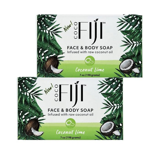 Coco Fiji Soap Bar for Face and Body Infused With Organic Coconut Oil, Coconut Lime, Essential Oil, Natural Soap for Moisturizing & Pore Purifying Skin, 7 oz,Pack of 2