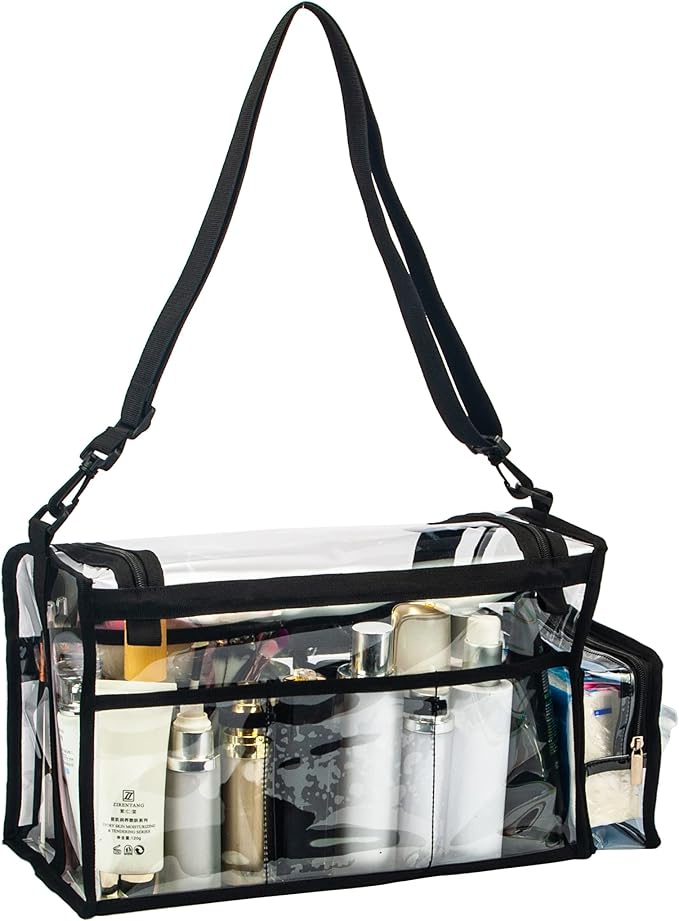 Large Professional Free Standing Clear PVC Makeup Artist Set Bag Transparent Makeup Brush Buddy Make up Kits Organizer Carry All MUA Travel Cosmetic Bag with 8 Dividers and Tissue Holder