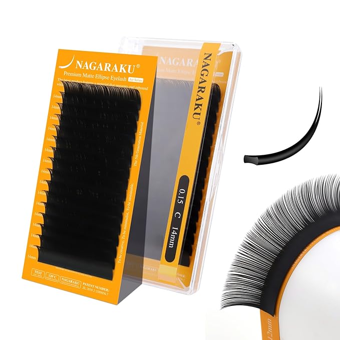 NAGARAKU Flat Ellipse Eyelash Extensions, 5TH GEN AIR SERIES Double Tips Lashes Lighter Thinner Flat Split Tips Individual Lash Matte Black Classic False Eyelashes 16 Rows -0.15 C Curl 14mm