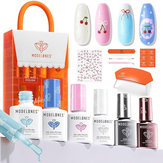 modelones Summer Gel Nail Polish Kit with U V Light, Pearl White Glitter Baby Blue Light Pink Sky Blue Manicure Set with Cherry Stickers, Base Top Coat, 4 Colors Gel Mini Salon Starter Spring Gift