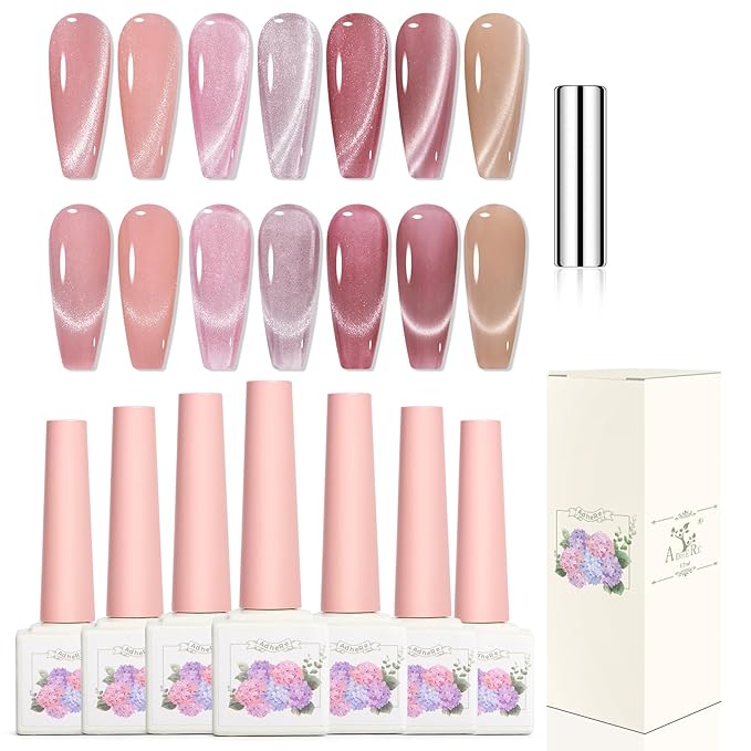 Adhere 7Pcs 12ML Cat Eye Soak Off UV LED Gel Nail Polish Set, Reflective Glitter Cat Eye, Sparkling Diamond Magnetic Transparent Pink Color with Magnet