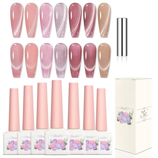Adhere 7Pcs 12ML Cat Eye Soak Off UV LED Gel Nail Polish Set, Reflective Glitter Cat Eye, Sparkling Diamond Magnetic Transparent Pink Color with Magnet