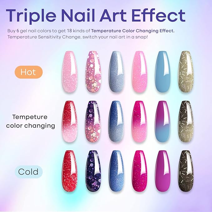 MODELONES Mood Gel Nail Polish Set Temperature Color Changing Gel Colors Collection Red Blue Glitter Gel Polish Soak Off 6 Colors Christmas Gifts New Year Holiday Salon DIY at Home