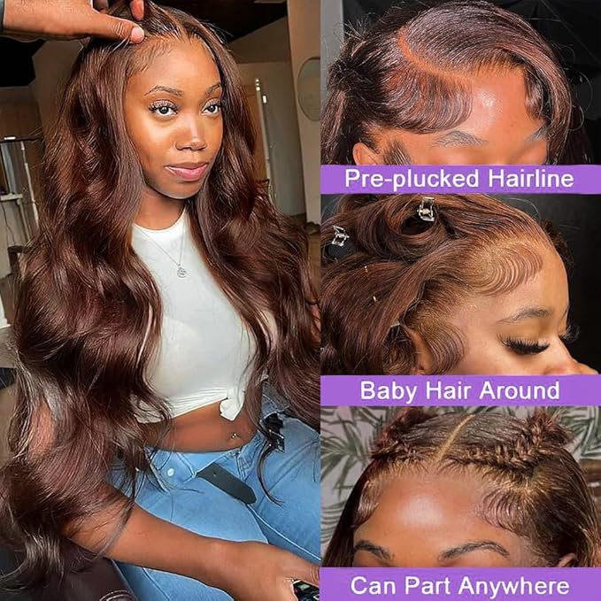 28 Inch Chocolate Brown Lace Front Wig Human Hair 13x6 Body Wave 180 Density HD Pre Plucked with Baby Hair Colored Frontal Wigs for Women