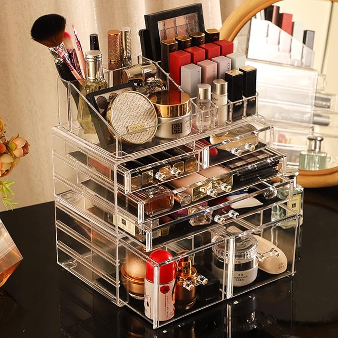 Cq acrylic 3 Pack Clear Makeup Storage Organizer,Stackable 6 Drawers Make Up Organizers,Cute Desk Organizer for Vanity Jewelry,Hair Clip,Beauty,Skincare Product Bathroom Counter Organizers and Storage