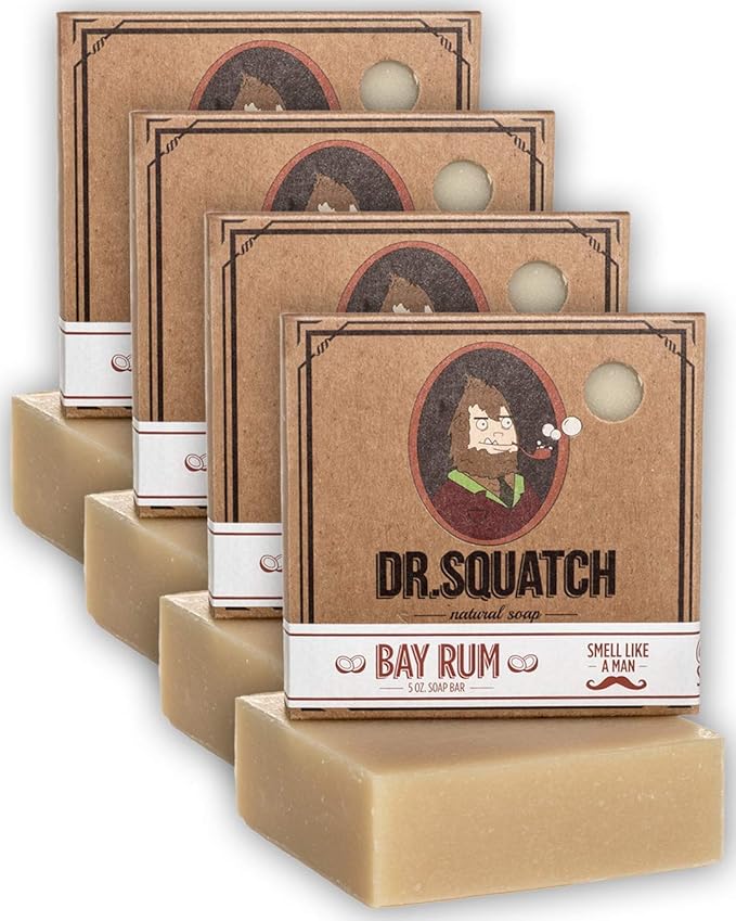 Dr. Squatch Bay Rum Soap 4-Pack Bundle – Bar Soap for Men with Natural Scent, Bay Rum, Kaolin Clay, Shea Butter – Handmade with Organic Oils in USA