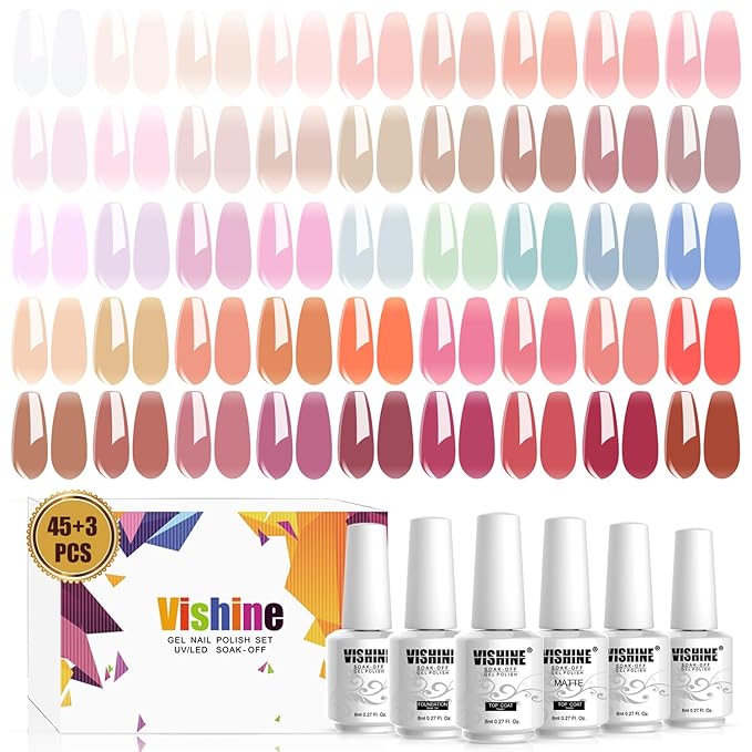 Vishine Gel Nail Polish Starter Kit with UV LED Nail Lamp, 45ColorSheer Milky Pink Jelly Nude Transparent Gel Polish, Top Coat, Base Coat & Matte Top Coat with Essential Nail Art Manicure Tools Set