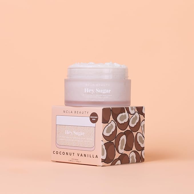 NCLA - Hey, Sugar Body Scrub | Smooth, Exfoliate, Hydrate Skin | Shea, Mango + Cocoa Butters | Vegan, Cruelty-Free, Clean Skincare (Coconut Vanilla; 100g | 3.38 oz)