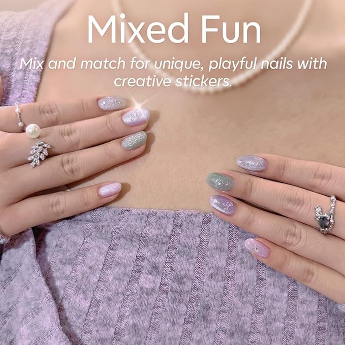 Modelones Spring Gel Nail Polish Kit with U V Light, Clear Cat Eye Jelly Pink Purple Green Manicure Set with Base Top Coat Lucky Gems Stickers 4 Colors Gel Mini Salon Nail Art Starter Gift for Women