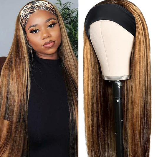 Aiterina Ombre Headband Wig Human Hair Straight 4/27 Highlight None Lace Front Wigs Glueless Human Hair Wigs Virgin Brazilian Machine Made Wigs for Black Women 26 Inch