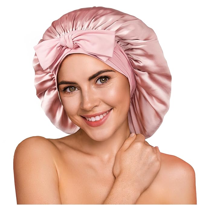 YFONG 100% 22 Momme Mulberry Silk Bonnet for Sleeping Women, Larger Double Layer Silk Hair Wrap for Curly Short Long Hair, Non-Slip Sleep Cap Turban with Elastic Tie Band for Hair Care, Pink