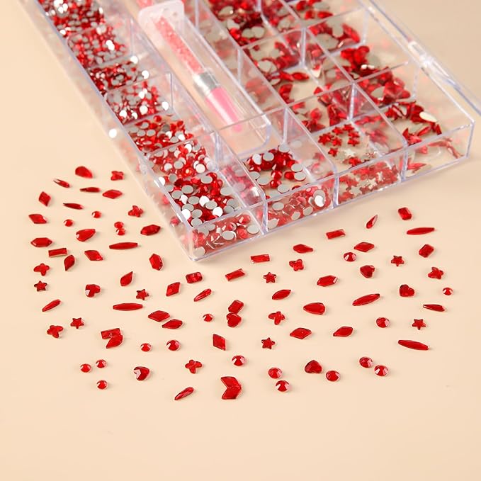 Red Nail Art Rhinestones 12 Kinds of 600 PCS + 6600 Pieces Flat Back Rhinestones Mixed Different Size Flat Back Rhinestones Crystals 3D Decoration Flat Back Stones Gemstone Set for Nail Art DIY