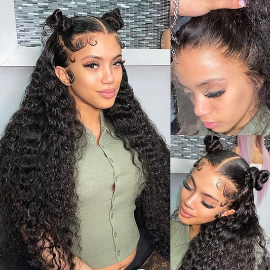 13x4 Lace Front Wigs Human Hair Deep Wave Lace Frontal Wigs 180% Density Glueless Brazilian Virgin Hair Pre Plucked with Baby Hair Natural Hairline HD Lace Wigs for Women Natural Black Color 18 Inch