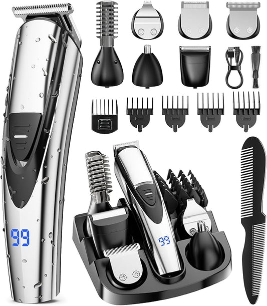 Electric Beard Trimmer for Men: 16-in-1 Professional Barber Hair Clippers - Cordless Grooming Kit - Turbo Speed & Precision Blades, Silver