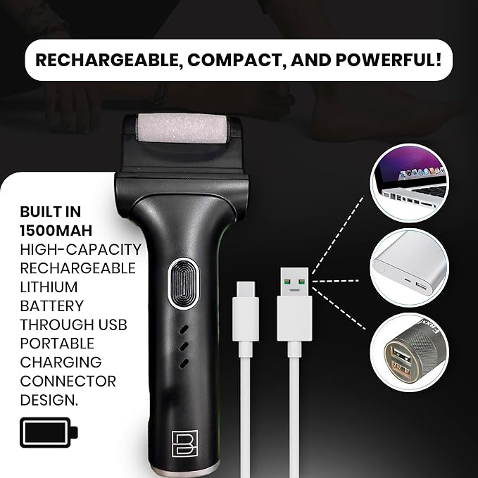 Electric Foot Callus Remover - Rechargeable/Portable Pedicure Tool - Water Resistant - Pedicure Tool Kit for Men - Three Large Wide Roller Heads - for Cracked, Dried, Rough Calluses