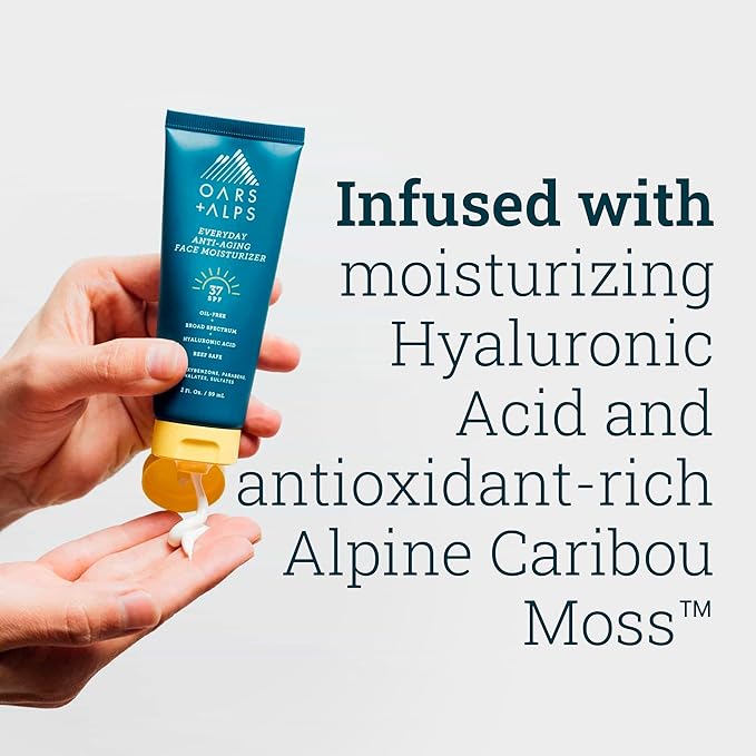 Oars + Alps Travel Sunscreen for Face & Everday Use, SPF 37 Anti Aging Face Sunscreen & Body Lotion, Infused with Hyaluronic Acid, Vitamin E and B5, No White Residue, Water & Sweat Resistant, 2oz