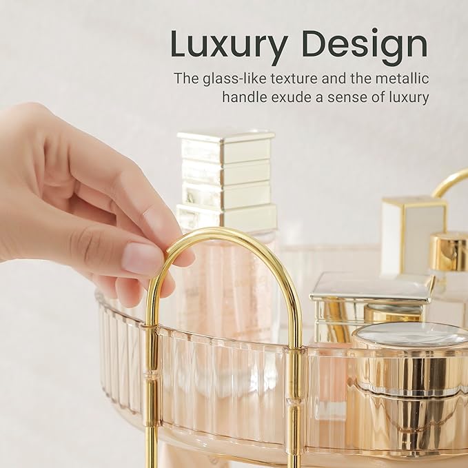 Aveniee Rotating Makeup Organizer for Vanity, 3 Tier Perfume Skincare Organizers and Storage for Bathroom Countertop, Clear Spinning Counter Shelf Cosmetic Holder for Dresser(Gold)