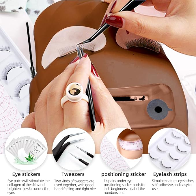 Lash Extension Kit Professional Eyelash Grafting Training Tools Mannequin Head USB Fan Lash Shampoo 0.07D Curl Mix 8-15mm Glue Practice Eyelash Strips Lash Mapping,Exercise Set for Beginner
