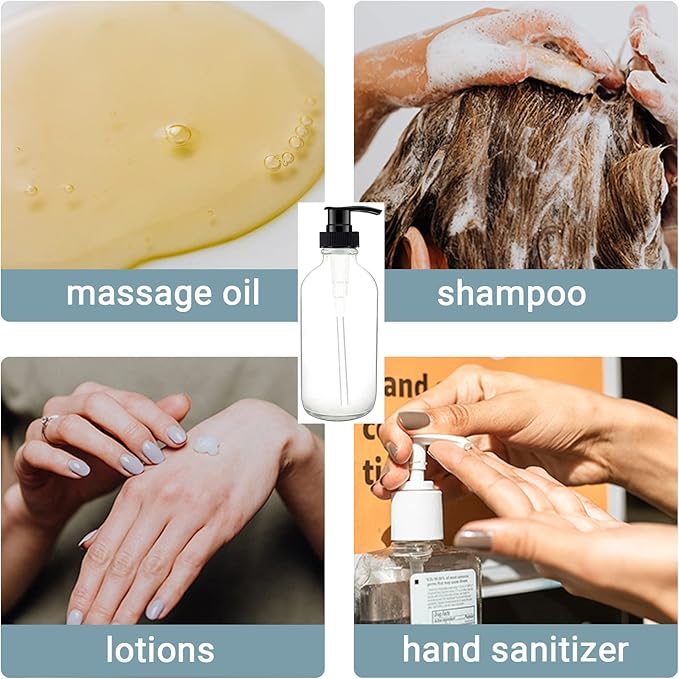 4 Pack 8 oz Clear Glass Pump Bottles, Boston Round Bottles with Pumps for Lotion, Soap, Lotions, Massage Oils, Refillable Containers with Cap, Funnel, 12 Chalk Labels, 1 Pen