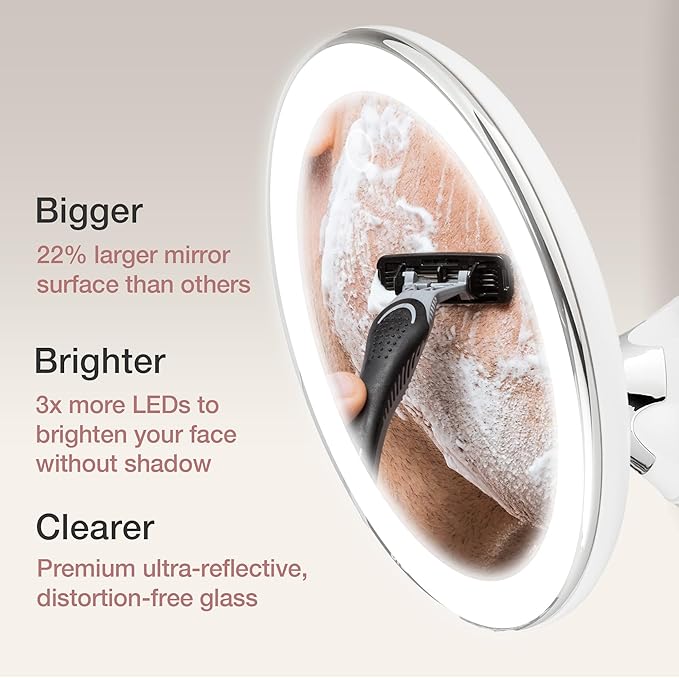 Fancii Rechargeable 10X Magnifying Makeup Mirror with 3 Light Settings - Large 8 inch Lighted Travel Vanity Mirror, Locking Suction Cup, 40pcs Dimmable LEDs, 12 Hours Battery Life - Luna 2