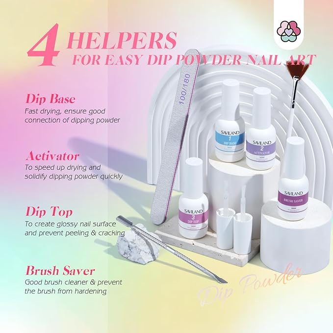 SAVILAND Dip Powder Nail Kit Starter: 29 PCS Rainbow Gel Powder Acrylic Dip Nails Powder Starter Kit Dip Nail Liquid Base Top Coat Activator Brush Saver Nail Beginners Salon Perfect Gift Set