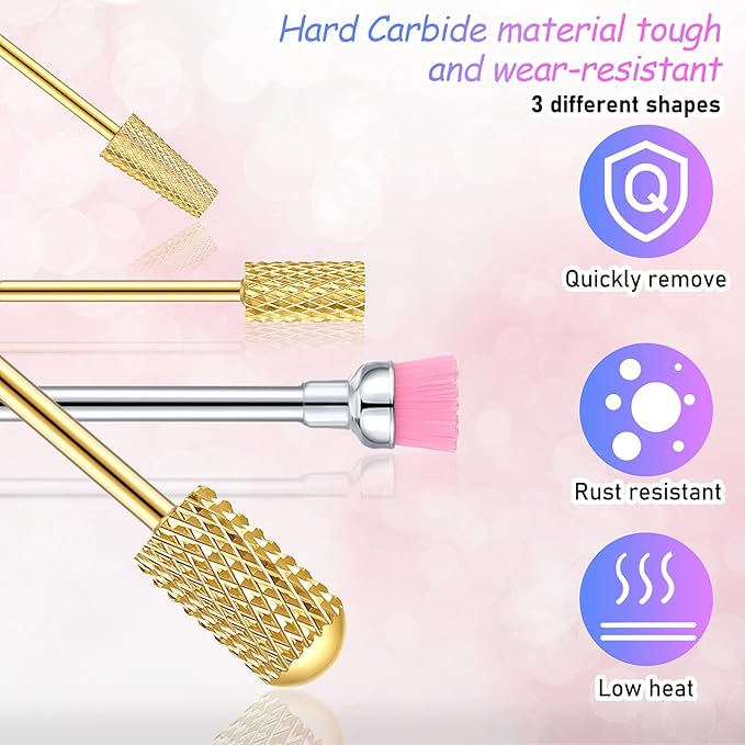 Honoson 10 Pcs Nail Drill Bits Set, 3/32 Inch Tungsten Carbide Bits for Nail Tech, File Remove Acrylic Gel Polish, Manicure Pedicure Tools for Salon Home Supplies(Gold)