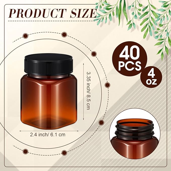 Tanlade 40 Pcs Amber Plastic Jars with Lids Round Cosmetic Containers Amber Jars Refillable Containers for Powder Liquid Food Storage Kitchen Cosmetic Lotion Ointments Creams Essential Oil (4 oz)