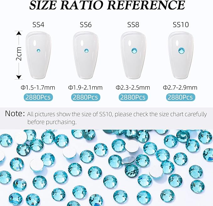 Aquamarine Flatback Rhinestones, Glass Rhinestones for Nail Art and Craft, Glue Fix, Loose Crystal Gemstones(Aquamarine, SS4, 2880pcs, 1.5-1.7mm)