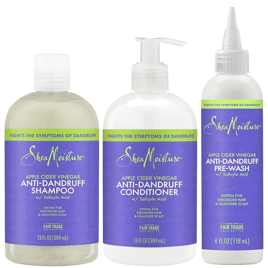 SheaMoisture Dandruff Shampoo (12 Oz) + Conditioner (12 Oz) + Pre-Wash (4 Oz) Anti-Dandruff 3pc Bundle with Salicylic Acid & Vitamin B3, Apple Cider Vinegar