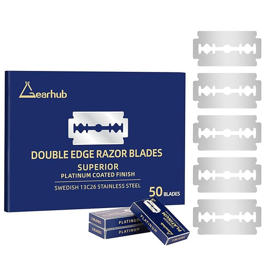 Premium 50 Count Double Edge Safety Razor Blades Refills Swedish 13C26 Stainless Steel Platinum Coated, Mild to Medium Sharpness for Smooth Shaves