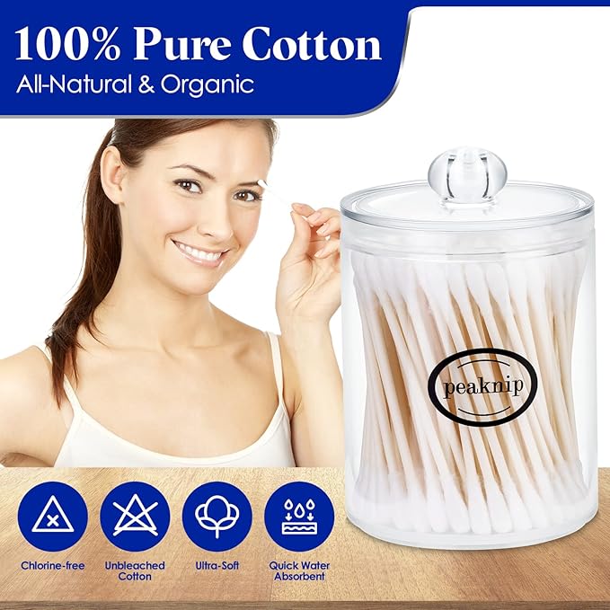 2-Pack 625 Count Q-tip Cotton Swabs - Multipurpose, Soft and Firm Cotton Buds for Body Hygiene, Beauty Care, and Tool Cleaning - Bundled with 2 Peaknip Q-tip Holder & Dispenser