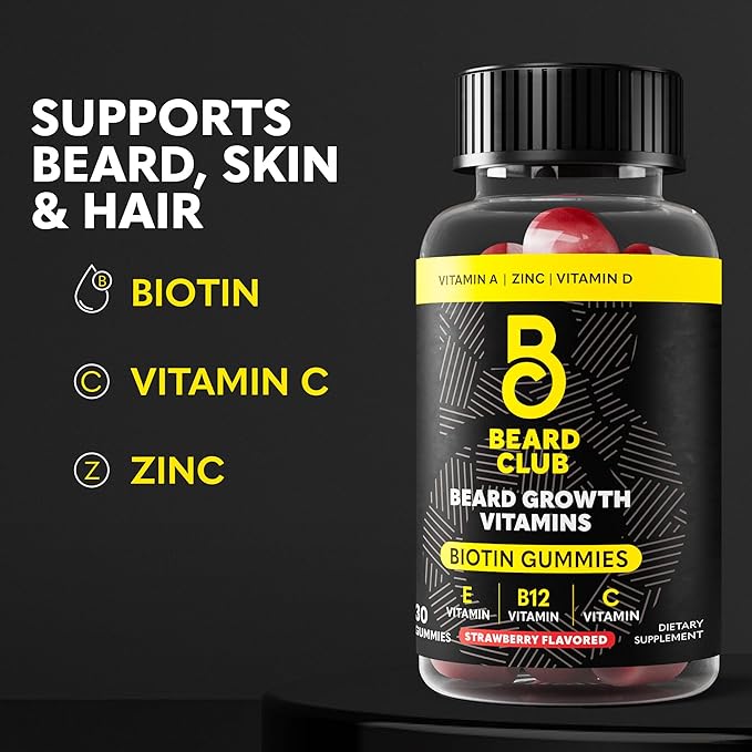 The Beard Club Biotin Beard Growth Vitamin Gummies - Beard and Hair Supplement for Men - Vitamins B12, E, & C to Support a Thicker Fuller Looking Beard - Mens Beard Care - Strawberry Gummy