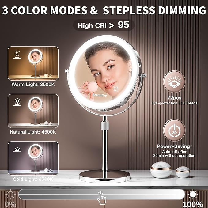 8” Large Lighted Makeup Mirror with Magnification, 15X/1X Rechargeable Magnifying Mirror with Lights, Stepless Dimming Light Up Table Mirror with Adjustable Height, 360° Rotation Vanity Makeup Mirror