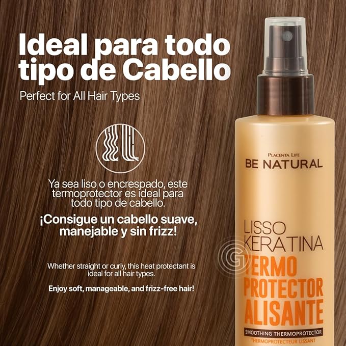 Be Natural Lisso Keratina Termoprotector Alisante (1 Pack) – Protege y Cuida Tu Cabello con Keratina y Acabado Suave