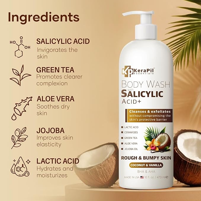 Salicylic Acid Body Wash - Exfoliates Rough Skin, Treats Body Acne - Coconut and Vanilla Scent - 16 fl oz