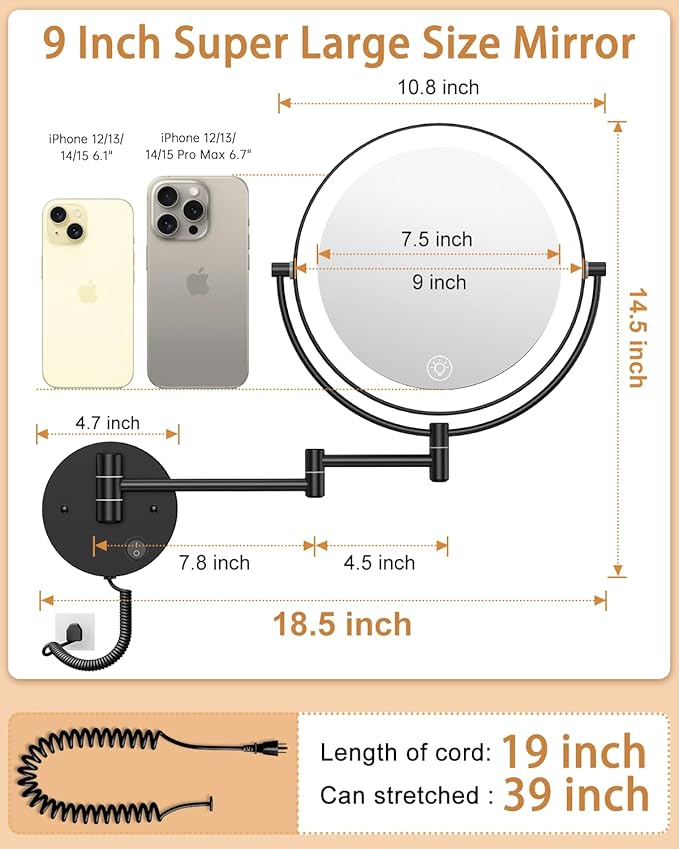 Benbilry 9" Large Wall Mounted Lighted Makeup Mirror, 1X/10X Magnifying Double-Sided AC Powered Bathroom Mirror with 3 Color Lights, Touch Dimmable, Extended Arm 360 Rotation, Black