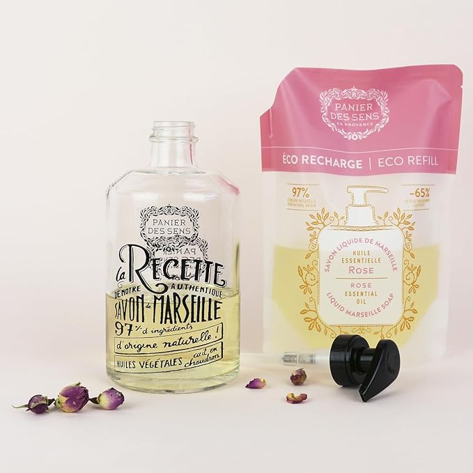 Panier des Sens Liquid Hand Soap Refills - Rose Floral Fragrance - Foaming Moisturizing Hand Soap - French Traditional Savon de Marseille for Kitchen & Bathroom - 34.4 Fl.oz Hand Wash 97% Natural