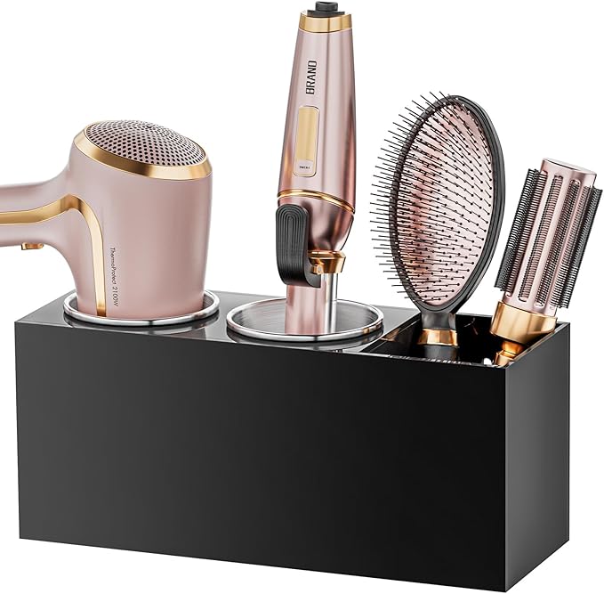 Hair Tool Organizer Acrylic: Hair Dryer Holder Wall Mount - Blow Dryer Holder Cabinet Door - Bathroom Countertop Organizer for Curling Iron Hot Styling Tools Flat Iron - Black
