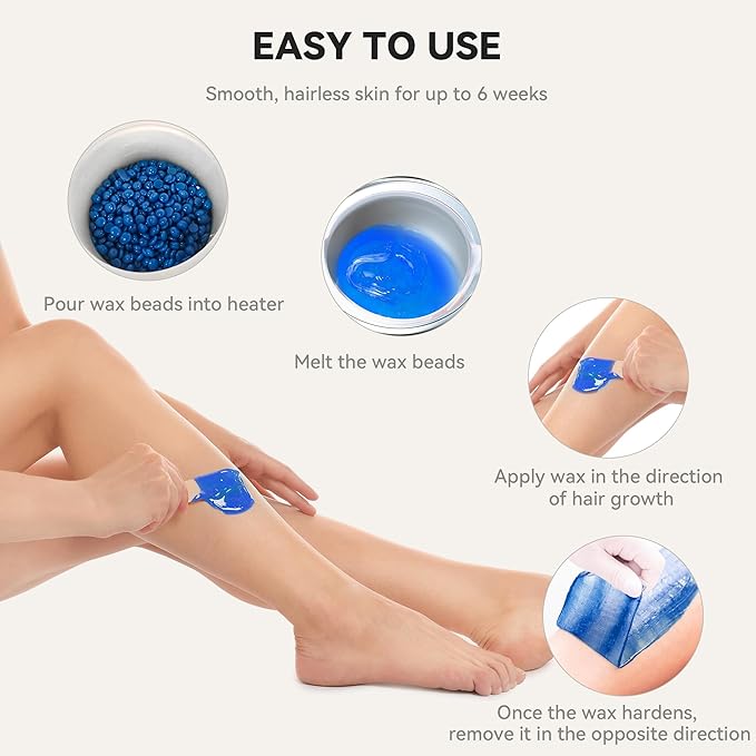 Waxing Kit for Women Men, Digital Wax Kit with Silicone Bowl & 4 Bags Hard Wax Beads, Portable Wax Warmer for Sensitive Skin Full Body Hair Removal, Brazilian Bikini, Eyebrow, Face (White)