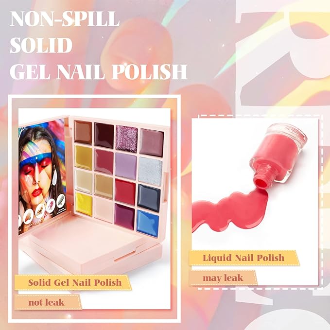 Gel Nail Polish Set Manicure Palette, 16 Colors Popular Classic Solid Gel Polish Pudding Gel Soak Off LED Nail Art Kit Salon DIY Home, with Pro Nail Brush