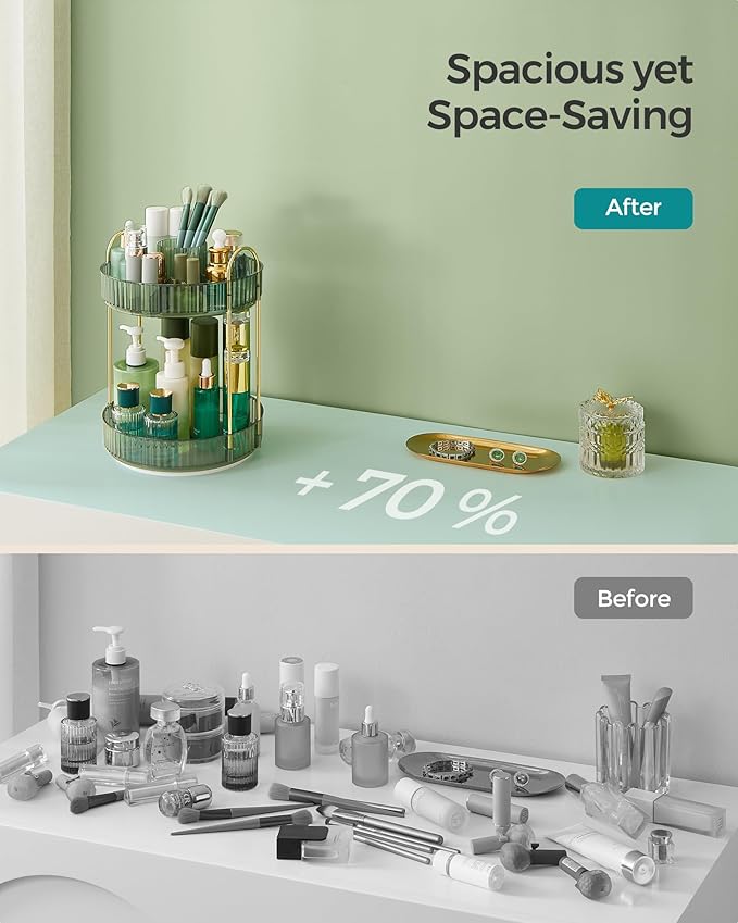 SONGMICS Makeup Organizer, 2-Tier Round Rotating Skincare Organizer Countertop, Customizable, Toiletries Vanity Organizer, Lazy Susan, Gift for Mom, Pale Green UJKA012C01